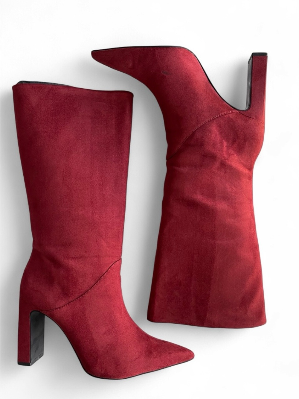 Mango Burgundy Suede Knee-High Block Heel Boots